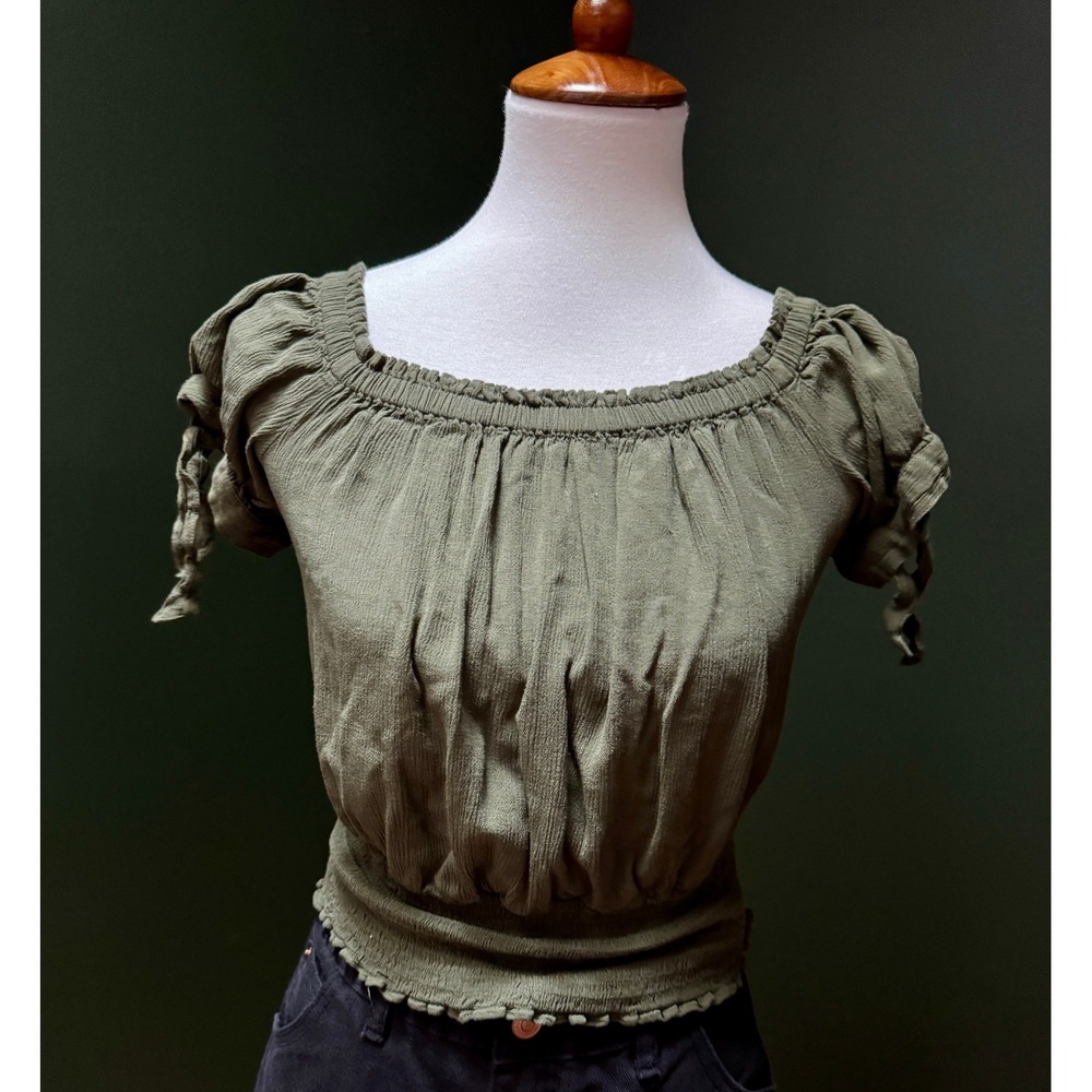 Express Olive Green Smocked Top Elastic Off Shoulder Size M